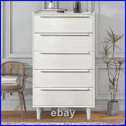 Modern Style Manufactured Wood 5-Drawer Chest with Solid Wood Legs, White