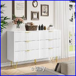 Modern white 6 Drawers for Bedroom, Wide Chest of Drawers with Gold Handles, Wood