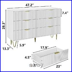 Modern white 6 Drawers for Bedroom, Wide Chest of Drawers with Gold Handles, Wood