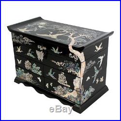 Mother of Pearl Inlay Asian Lacquer Wood Black Treasure Chest Jewelry Drawer Box