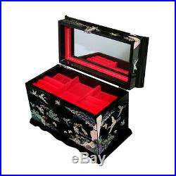 Mother of Pearl Inlay Asian Lacquer Wood Black Treasure Chest Jewelry Drawer Box