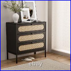 Natural Rattan Wood 3 Drawer Chest of Drawers Set of 2, Storage Cabinet Organizer