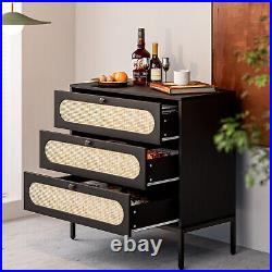 Natural Rattan Wood 3 Drawer Chest of Drawers Set of 2, Storage Cabinet Organizer