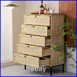 Natural Rattan Wood 5 Drawer Chest of Drawers Set of 2, Storage Cabinet Organizer