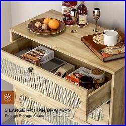 Natural Rattan Wood 5 Drawer Chest of Drawers Set of 2, Storage Cabinet Organizer