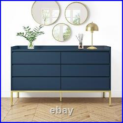 Navy Wide Chest of 6 Drawers with Gold Legs Zion