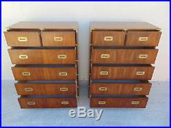 Pair Campaign Chests Dressers by Lane Six Dovetailed Drawers Feet Brass Hardware