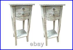 Pair White Slim 2 Drawer Bedside Chest Bedroom Hammered Furniture Chic Repousse