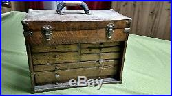 Portable Vintage 8 Drawer Machinist Tool Chest Box Oak Wood With Tools