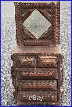 Rare 19th Century Early 20th. Miniature Tramp Art Mirror Back Chest of Drawers