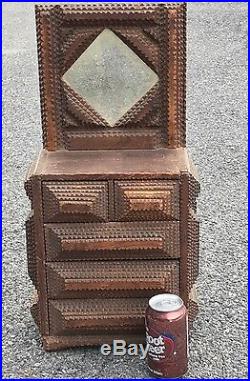 Rare 19th Century Early 20th. Miniature Tramp Art Mirror Back Chest of Drawers