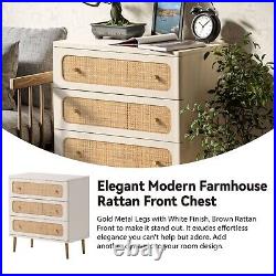 Rattan Dresser Chest of 3 Drawers Wooden Storage Cabinet Sideboard Farmhouse