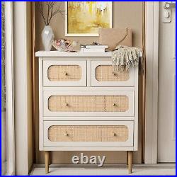 Rattan Dresser Chest with 4 Drawers Wooden Storage Cabinet Boho Accent Sideboard