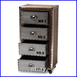 Rolling Accent Chest French Industrial Brown Wood And Silver Metal 4-Drawer