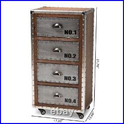Rolling Accent Chest French Industrial Brown Wood And Silver Metal 4-Drawer