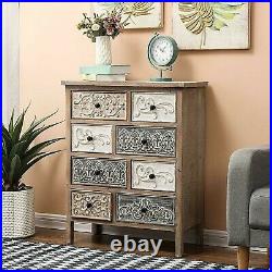 Rustic Carved Wood 8-Drawer Chest Distressed Multi-Tone Vintage Boho Cabinet