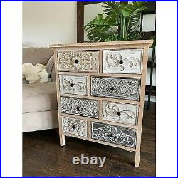 Rustic Carved Wood 8-Drawer Chest Distressed Multi-Tone Vintage Boho Cabinet