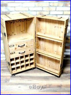 Rustic Wood Chest Crate Style Wine Cabinet With Drawers And Mini Bar