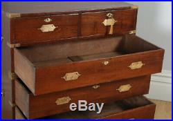 Small Antique Anglo Indian Solid Teak Brass Military Campaign Chest of Drawers