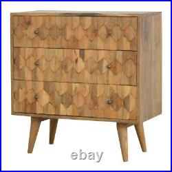 Solid Mango Wood Chest Of 3 Drawers Scandi Style Pineapple Carved Handmade