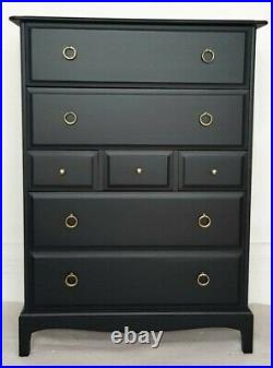 Stag Minstrel painted black mahogany tallboy, vintage chest of drawers, upcycled
