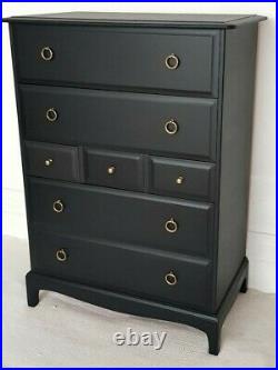 Stag Minstrel painted black mahogany tallboy, vintage chest of drawers, upcycled