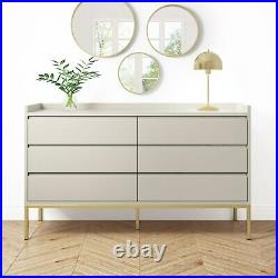 Taupe Wide Chest of 6 Drawers with Gold Legs Zion