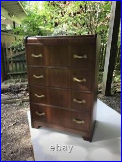 VTG l 30s 1930s Art Deco Waterfall Wood Dovetailed Chest Drawers Dresser Storage