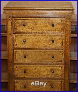 Very Rare Satinwood & Burr Walnut Victorian Wellington Chest Of Drawers Bookcase
