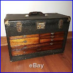 Vintage 1940's H. Gerstner & Sons Machinist 7 Drawer Tool Box Chest Wood Leather