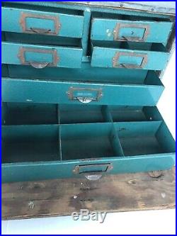 Vintage Antique Steel Metal Wood Drawer Storage Tool Chest Industrial
