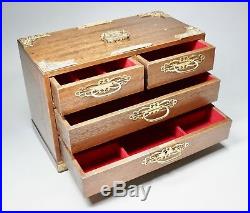 Vintage Asian Wood Jewelry Box Chest 4 Drawers Brass Accents 15 x 8 EUC