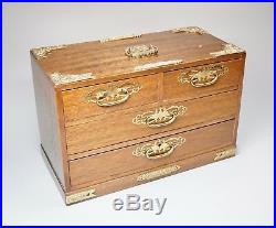 Vintage Asian Wood Jewelry Box Chest 4 Drawers Brass Accents 15 x 8 EUC