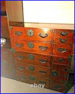 Vintage Baker Modern Asian Tansu Chest, Drawers Cabinets Stained Oak- 4 pieces