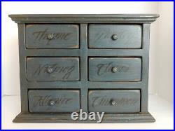 Vintage Blue Apothecary Herb Spice Cabinet Wood Chest Antique Box 6 Drawers