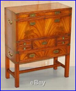 Vintage Flamed Mahogany Military Campaign Chest Of Drawers Drop Secretaire Desk