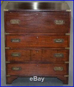 Vintage Military Campaign Chest Of Drawers, Built In Secrataire Drop Front Desk
