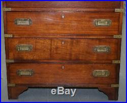 Vintage Military Campaign Chest Of Drawers, Built In Secrataire Drop Front Desk