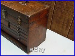 Vintage Oak Wood Tool / Machinists Chest Cabinet 7 Drawer w Key