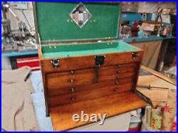 Vintage Union Steel Wooden Oak Wood Machinist Chest Tool Box 7 Drawer Locking