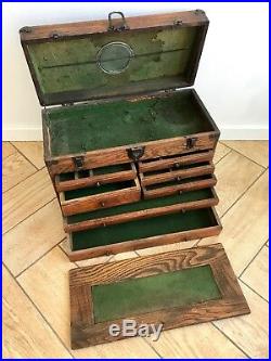 Vintage Wood Machinist Chest Tool Box Solid Oak 7 Drawers Leather Handle
