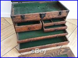 Vintage Wood Machinist Chest Tool Box Solid Oak 7 Drawers Leather Handle