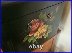 Vtg Flatware Silverware Tole Wood Box Storage Chest Case Flowers Roses 2 Drawer