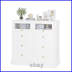 White 8 Drawer Double Dresser Bedroom Wood Chest Storage Cabinet w 2 Glass Doors