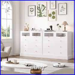 White 8 Drawer Double Dresser Bedroom Wood Chest Storage Cabinet w 2 Glass Doors