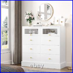 White 8 Drawer Double Dresser Bedroom Wood Chest Storage Cabinet w 2 Glass Doors