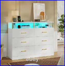 White Bedroom Dresser & Chest of Drawers with LED Lights and Charging Station