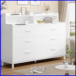 White Dresser with Shelves, 6 Drawer Chest of Drawers Wood and Metal Double
