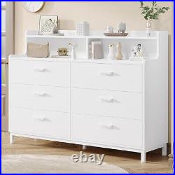 White Dresser with Shelves, 6 Drawer Chest of Drawers Wood and Metal Double
