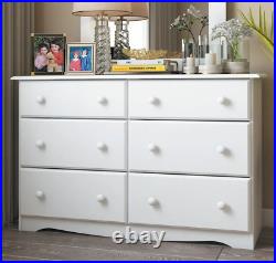 White Finish Wide 6 Drawer Dresser 100% Solid Wood Chest Of Drawers